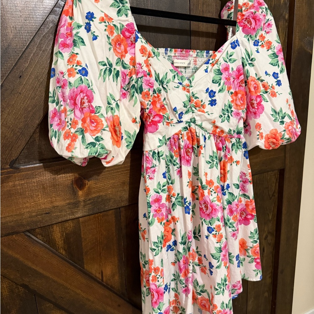 Altar'd State White Floral Puff-Sleeve Girls Dress with Pink & Orange Blooms